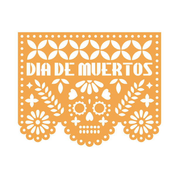 Yellow paper with cut out flowers and geometric shapes. Papel Picado vector template design isolated on white background. Traditional Mexican paper garland for celebrating Day of the Dead. Yellow paper with cut out flowers and geometric shapes. Papel Picado vector template design isolated on white background. Traditional Mexican paper garland for celebrating Day of the Dead. papel picado illustrations stock illustrations