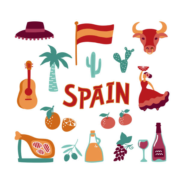 컬렉션 손으로 그려 스페인의 상징. 문화, 음식, 자연 표지판 벡터 클립 아트입니다. - globe grape stock illustrations