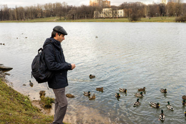 istock Handsome dark-haired middle-aged man in jacket, cap and backpack feeds ducks on pond in city park in late autumn. Authentic lifestyle moments 1073124136