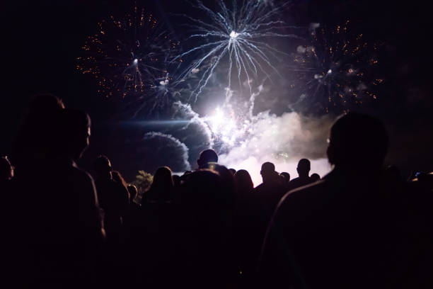 istock New year concept - cheering crowd and fireworks 1073124938
