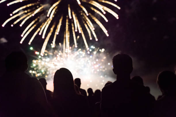 istock New year concept - cheering crowd and fireworks 1073124990