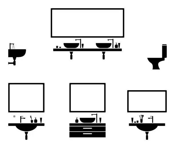 Vector illustration of Bathroom interior black and white icon set. Mirror and lavabo design pictogram