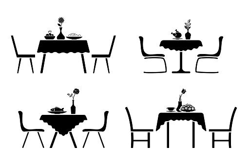 Kitchen interior black and white icon set. Table and chair cafe design pictogram