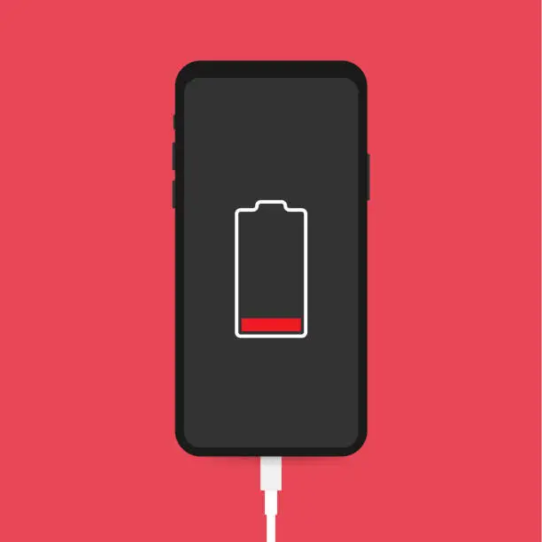 Vector illustration of Smartphone charger adapter and electric socket, low battery notification. Vector illustration.