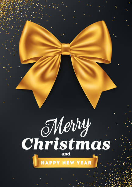 istock Christmas card with golden bow and  Greeting quote on confetti background. 1073131118