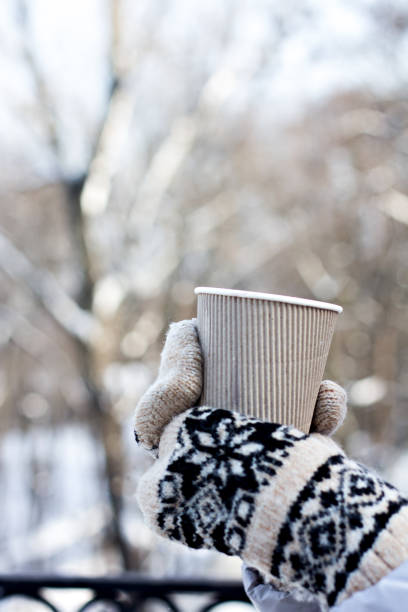 istock Female hands in white and black mittens holding steaming  cup 1073131574