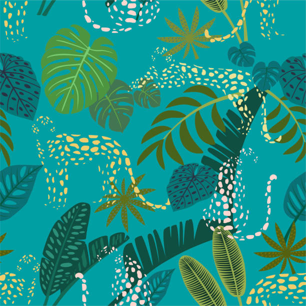 Abstract leopard pattern with tropical leaves. Vector seamless texture. Trendy Illustration. Abstract leopard pattern with tropical leaves. Vector seamless texture. Trendy Illustration. safari animals cartoon stock illustrations