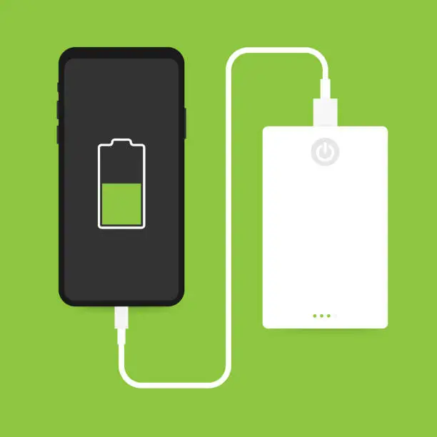 Vector illustration of Flat isometric Smartphone USB cable connection with external power bank. Vector illustration.