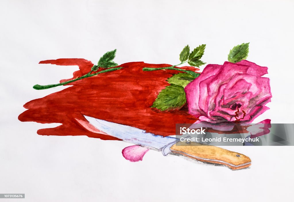 Drawing watercolor, rose flower and a knife in the blood. A pool of blood. Drawing watercolor, rose flower and a knife in the blood. A pool of blood Love - Emotion stock illustration