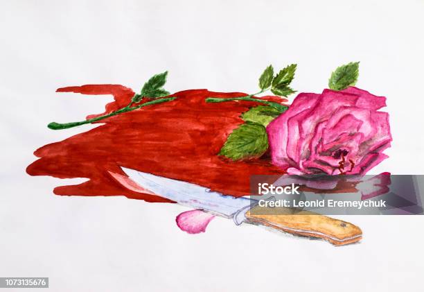 Drawing Watercolor Rose Flower And A Knife In The Blood A Pool Of Blood Stock Illustration - Download Image Now