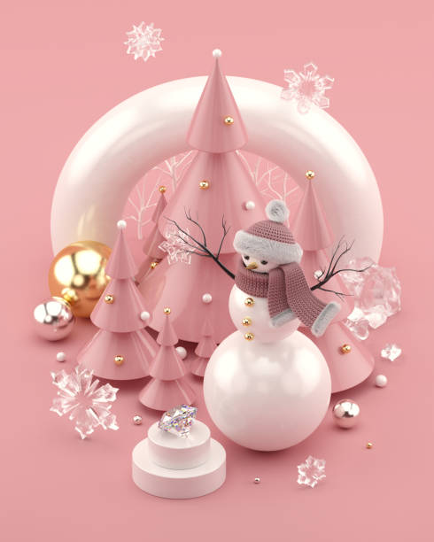 Rose Gold 3D illustration with snowman and decorated Christmas trees
