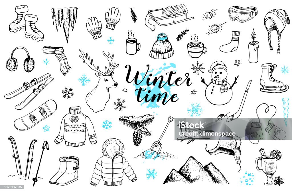 Set of winter doodles Set of vector hand drawn winter doodles on a white background. Clothing, sports equipment and nature design elements. Winter stock vector