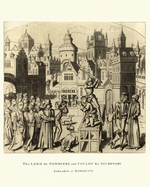 Medieval Public execution of Lord de Pommiers, Bordeaux Vintage engraving of a scene from the Froissart's Chronicles, Hundred Years' War. Public execution of Guillaume Sans, Lord de Pommiers and Coulton his secretary, begeaded at Bordeaux. Public execution in city square: executioner with sword raised to strike condemned man, kneeling and blindfolded executioner stock illustrations