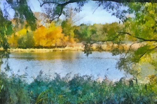 Sunny morning on a quiet river in early autumn - watercolor drawing