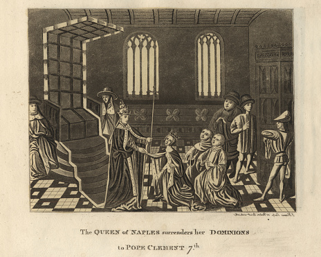 Vintage engraving of a scene from the Froissart's Chronicles, Hundred Years' War. Queen of Naples surrenders her dominions to Pope Clement VII