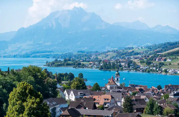 View of Kussnacht city in Lake Lucerne, Schwyz, Nidwalden, Switzerland.