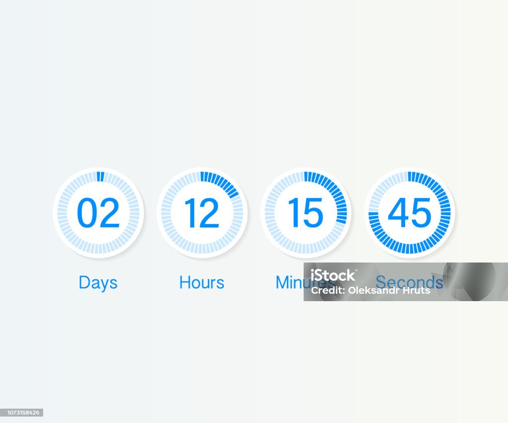 Countdown-Zähler Zeitschaltuhr. UI app digitalen Countdown Kreis Board Meter mit Kreis-Zeit-Kreis-Diagramm. Anzeiger für Tag, Stunde, Minuten und Sekunden für Web-Seite in Kürze Event-Vorlage - Lizenzfrei Countdown Vektorgrafik