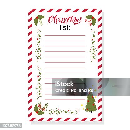 istock Christmas wish list with holly berry leaves and holiday tree vector template isolated on white background. 1073159756