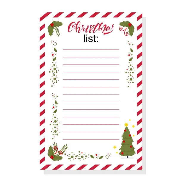 Vector illustration of Christmas wish list with holly berry leaves and holiday tree vector template isolated on white background.