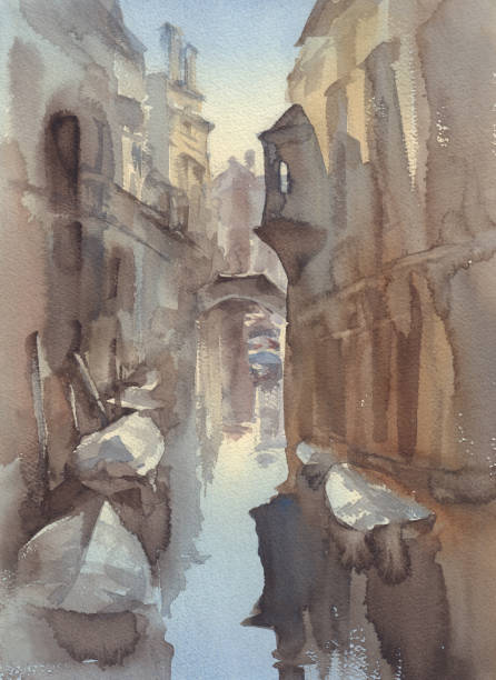 istock Venice channel with boats watercolor sketch background 1073160270