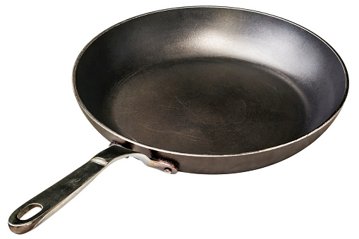 Old heavy duty Teflon frying pan, isolated on white background.