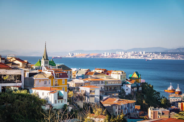 Aerial view of Valparaiso with Lutheran Church from Cerro Carcel Hill - Valparaiso, Chile Aerial view of Valparaiso with Lutheran Church from Cerro Carcel Hill - Valparaiso, Chile protestantism photos stock pictures, royalty-free photos & images