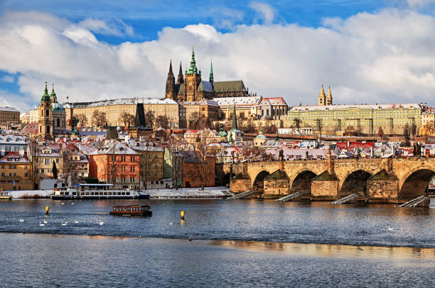 View of Prague at winter over Vltava river
