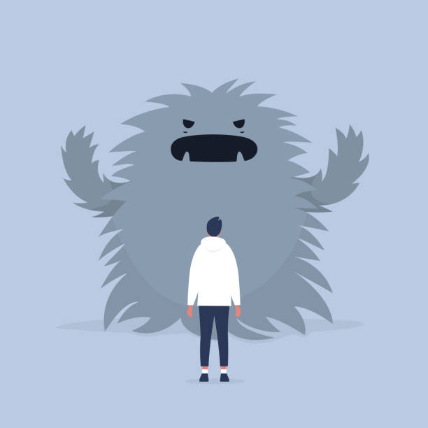 Panic attack. Face the fear.  Psychological issues. Phobia, Dealing with the stress. Huge monster trying to scare a character. Flat editable vector illustration, clip art Panic attack. Face the fear.  Psychological issues. Phobia, Dealing with the stress. Huge monster trying to scare a character. Flat editable vector illustration, clip art Phobia stock illustrations