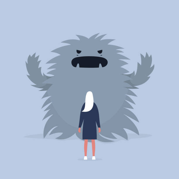 Panic attack. Face the fear. Psychological issues. Phobia, Dealing with the stress. Huge monster trying to scare a character. Flat editable vector illustration, clip art Panic attack. Face the fear. Psychological issues. Phobia, Dealing with the stress. Huge monster trying to scare a character. Flat editable vector illustration, clip art giants stock illustrations