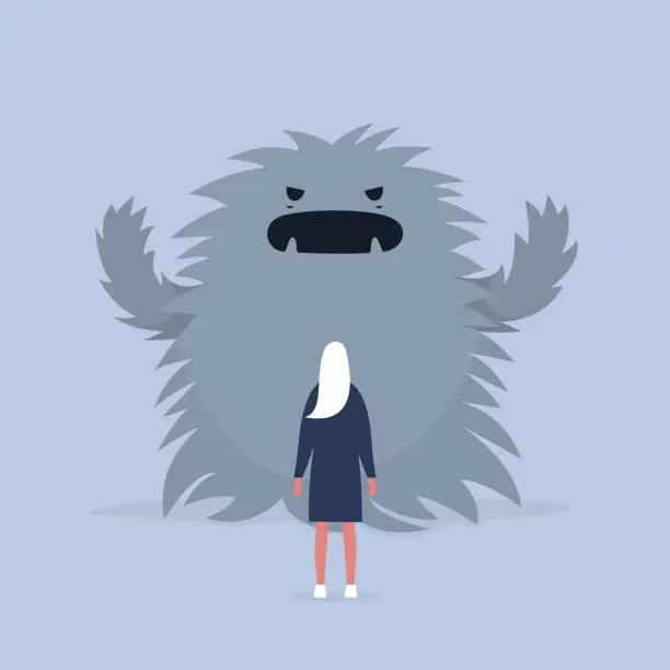 Vector illustration of Panic attack. Face the fear.  Psychological issues. Phobia, Dealing with the stress. Huge monster trying to scare a character. Flat editable vector illustration, clip art