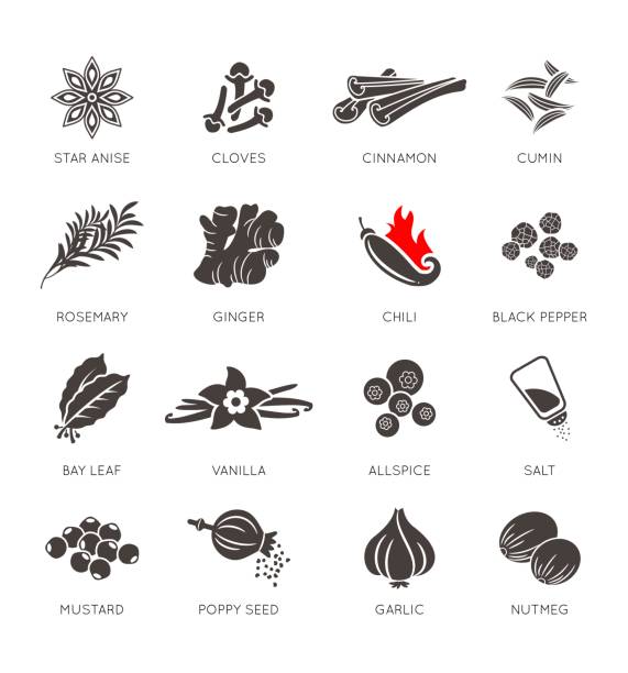 Spices icon vector set, collection Spices icon vector set, collection set cinnamon sticks cloves stock illustrations
