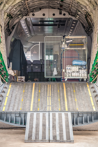 cargo bay of a large military and aid transport aircraft