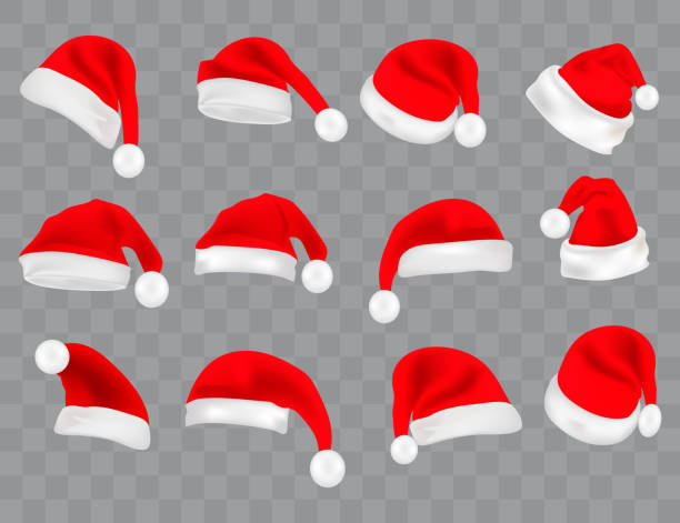 illustrazioni stock, clip art, cartoni animati e icone di tendenza di grande set di cappelli di babbo natale realistici isolati su sfondo trasparente. colllection vettoriale cappello babbo natale, berretto per le vacanze per l'illustrazione di natale - personal accessory cap christmas santa claus