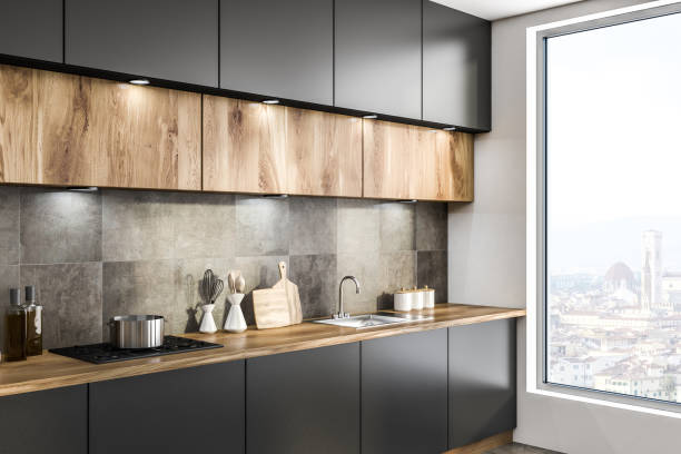 istock Wooden kitchen countertop side view 1073172592
