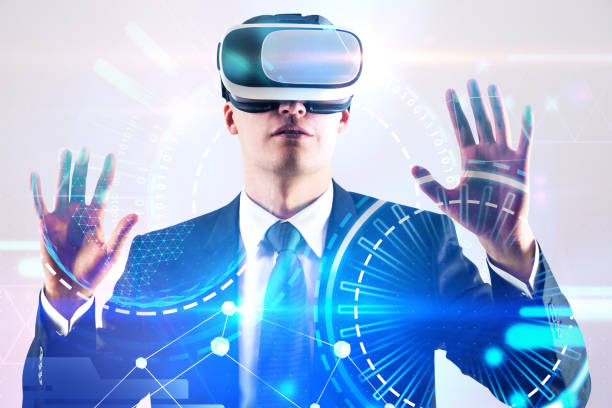 istock Businessman in VR glasses, hud interface 1073176770