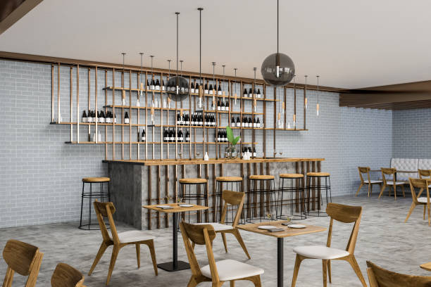 istock Interior of gray brick bar and restaurant 1073177264