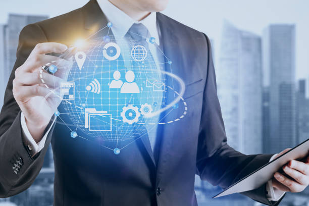 istock Man drawing global internet hologram 1073177434
