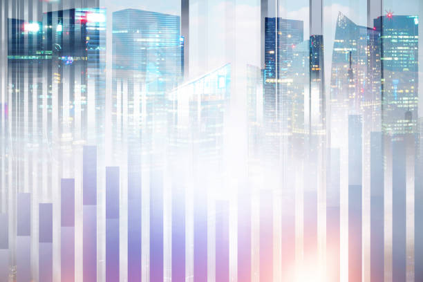 istock Purple bar charts over cityscape 1073177484