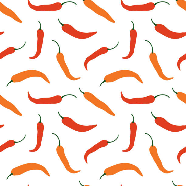 ilustrações de stock, clip art, desenhos animados e ícones de vector chili, cayenne hot pepper background. mexican exotic spicy seamless pattern. hand drawing food illustration, wrap, fabric, textile - vegetable pepper food chili pepper