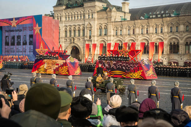 Military parade dedicated to the hisorical parade held in 1941 on the Red Square MOSCOW - NOVEMBER 07,2018:  Military parade dedicated to the hisorical parade held in 1941 on the Red Square.  Public event. military parade stock pictures, royalty-free photos & images