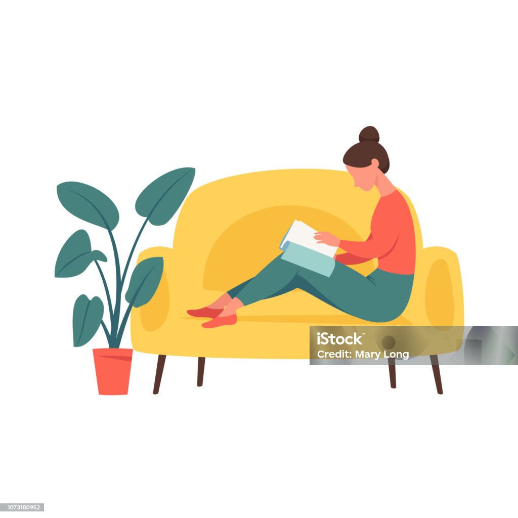 Junges Mädchen sitzen in bequemen Couch und und das Magazin durchblättern. - Lizenzfrei Illustration Vektorgrafik
