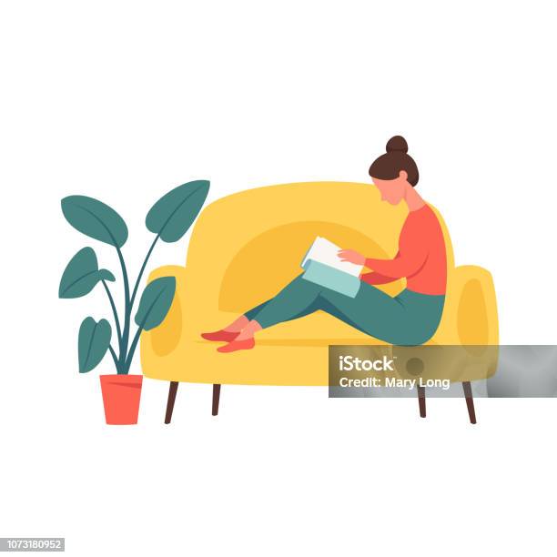 Junges Mädchen Sitzen In Bequemen Couch Und Und Das Magazin Durchblättern Stock Vektor Art und mehr Bilder von Illustration