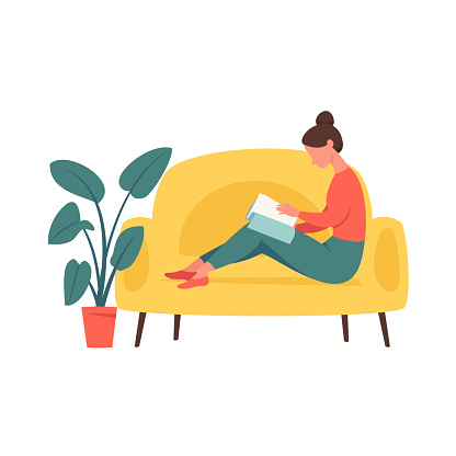 Young girl sitting on the comfortable couch and flipping through the magazine. Woman spending evening time at home. Colored vector illustration in flat cartoon style.