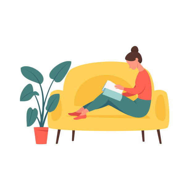 Young girl sitting in comfortable couch and and flipping through the magazine . Young girl sitting on the comfortable couch and flipping through the magazine. Woman spending evening time at home. Colored vector illustration in flat cartoon style. apartment illustrations stock illustrations