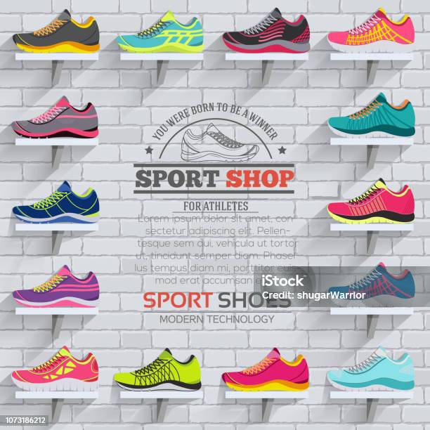 Big Flat Illustration Collection Set Of Sneakers Running Walking Shopping Style Backgrounds Vector Concept Elements Icons Colorful Template For You Design Poster Web And Mobile Applications Stock Illustration - Download Image Now