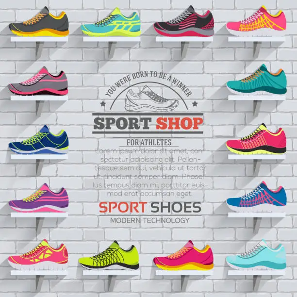 Vector illustration of big flat illustration collection set of sneakers running, walking, shopping, style backgrounds. Vector concept elements icons. Colorful template for you design, poster, web and mobile applications