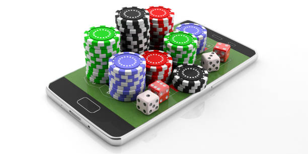 istock Poker chips and dice on a smartphone, isolated on white background. 3d illustration 1073189298