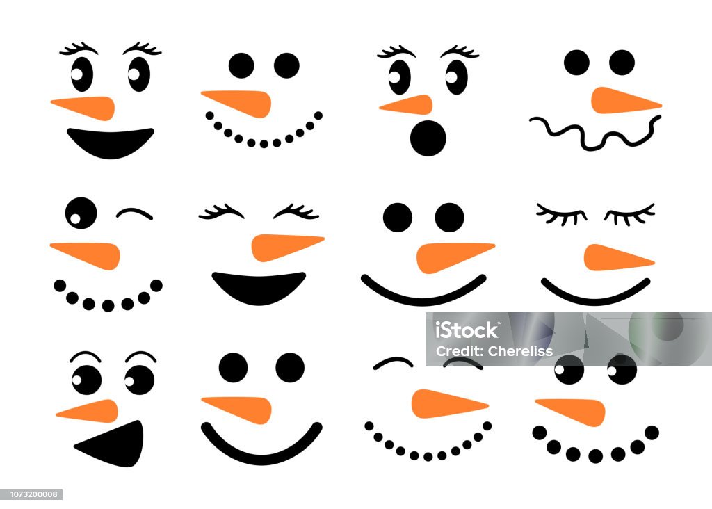 Visages de mignon bonhomme de neige - collection de vector. Têtes de bonhomme de neige. Illustration vectorielle isolé. - clipart vectoriel de Bonhomme de neige libre de droits