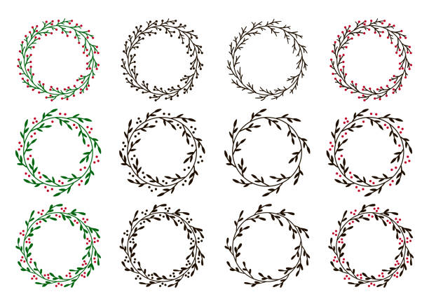 Collection of Christmas wreaths. Hand drawn vector round frames for invitations, postcards and more. Collection of Christmas wreaths. Hand drawn vector round frames for invitations, postcards, greeting cards, posters and more. Vector illustration isolated vector food branch twig stock illustrations