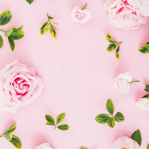 istock Floral frame composition with roses and leaves on pink background. Flat lay, top view. Valentines day 1073203326